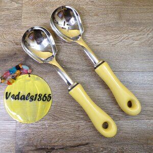 Stainless-Steel Serving Spoons Lot of 2 w/Yellow Porcelain Handles 10.75" Long